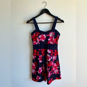 Navy Cotton Summer Dress with Red Flowers | Size M